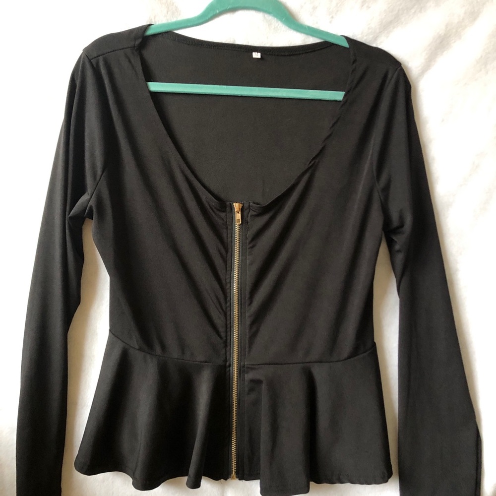 Elegant Black Zippered Peplum Top